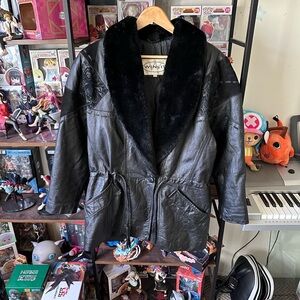 Vintage Winlit Black Genuine Leather Coat Faux Fur Collar Women’s M